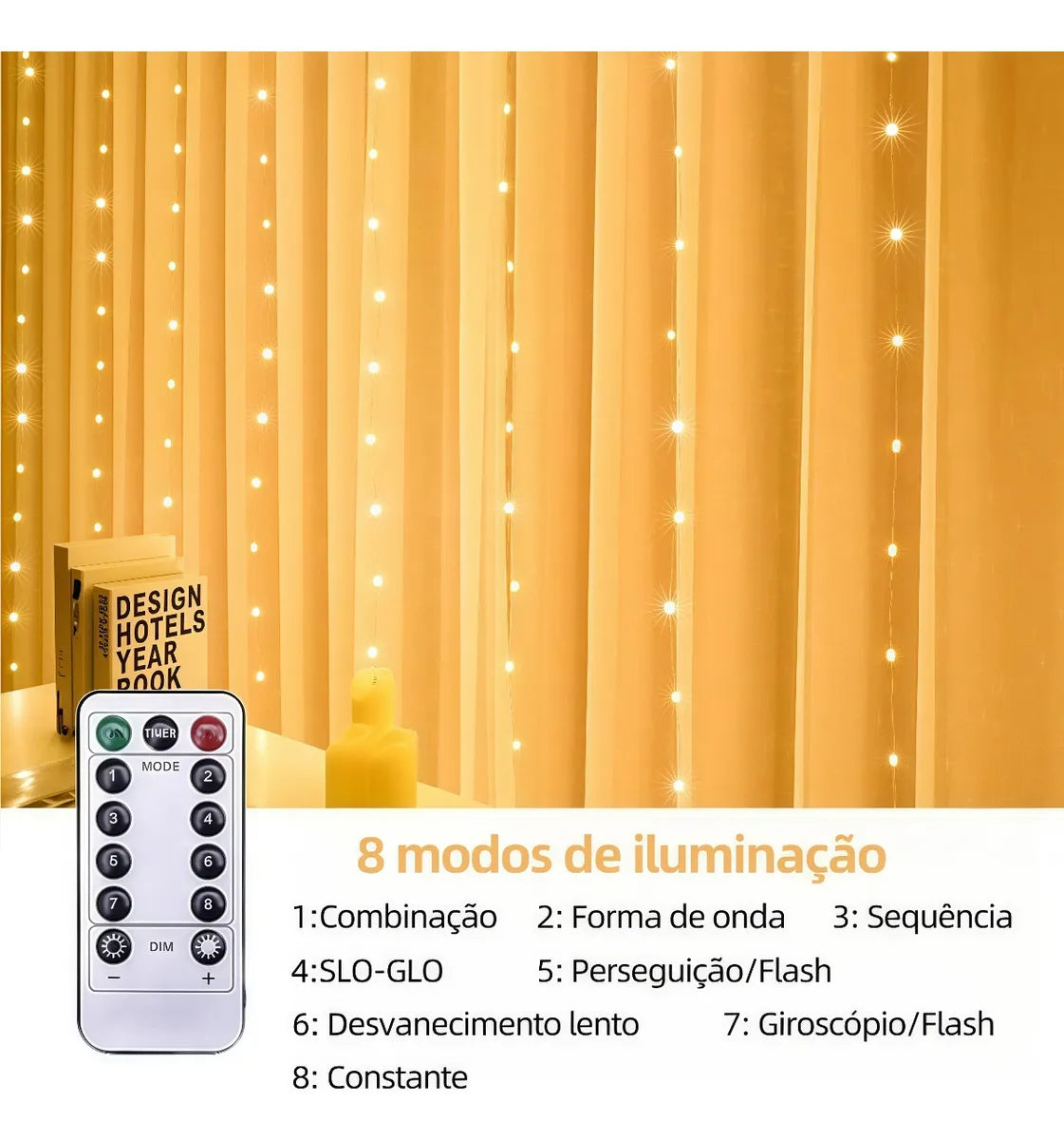 Luz de Cortina Led para Decoração para Natal - 8 Modos de Iluminação
