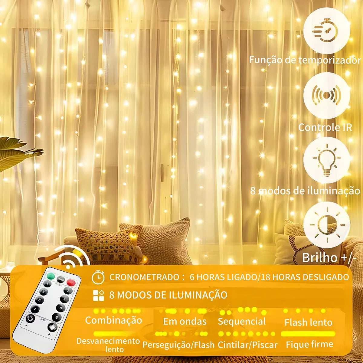 Luz de Cortina Led para Decoração para Natal - 8 Modos de Iluminação