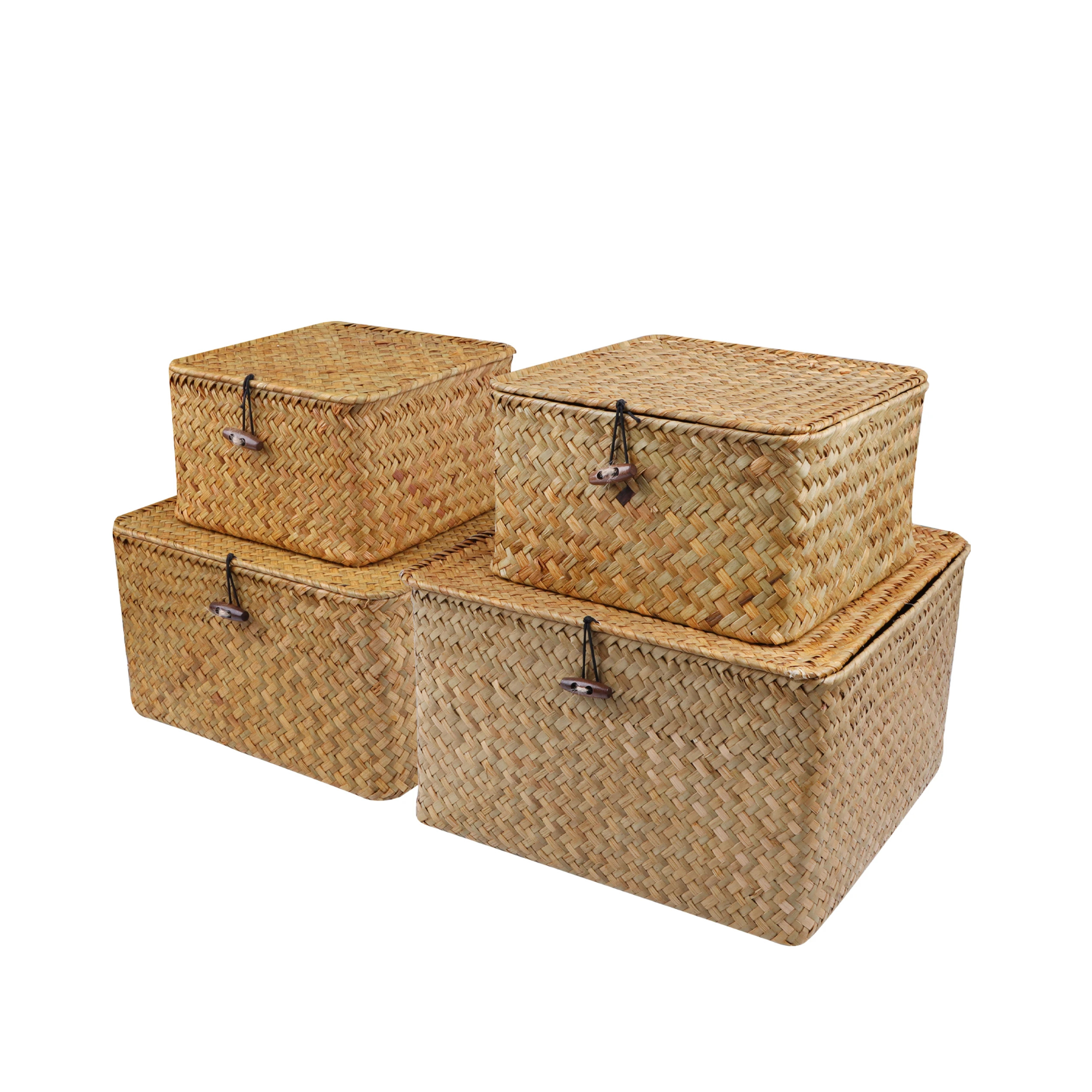 Handgemaakte Zeegras Opbergmandenset met Deksel – 4-delig