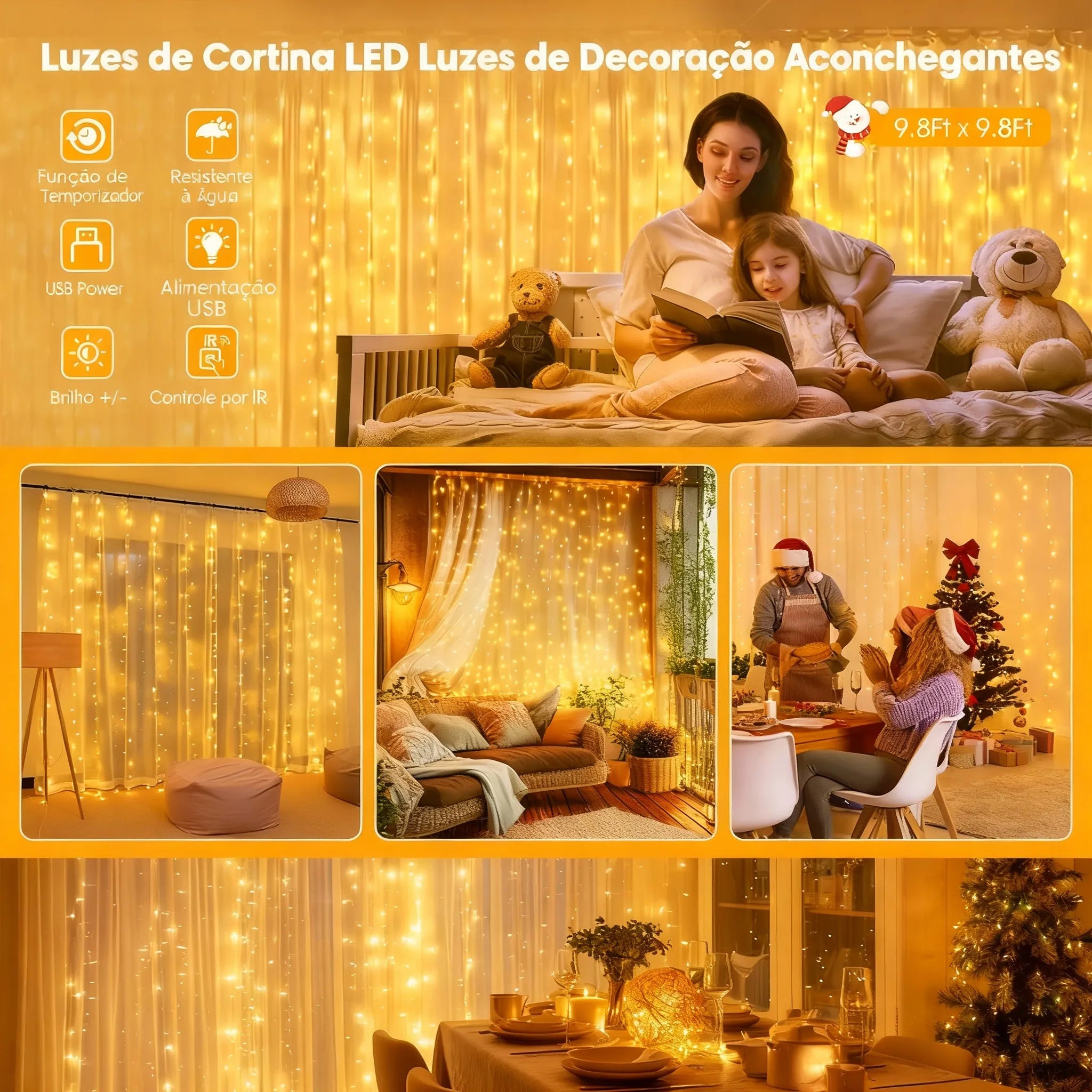 Luz de Cortina Led para Decoração para Natal - 8 Modos de Iluminação