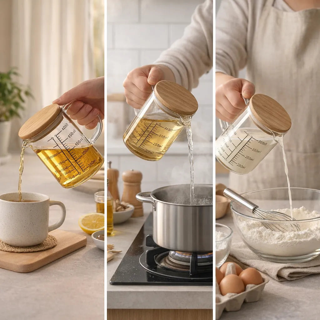 Borosilicaat Glazen Maatbeker met Bamboe Deksel – Duurzaam & Nauwkeurig