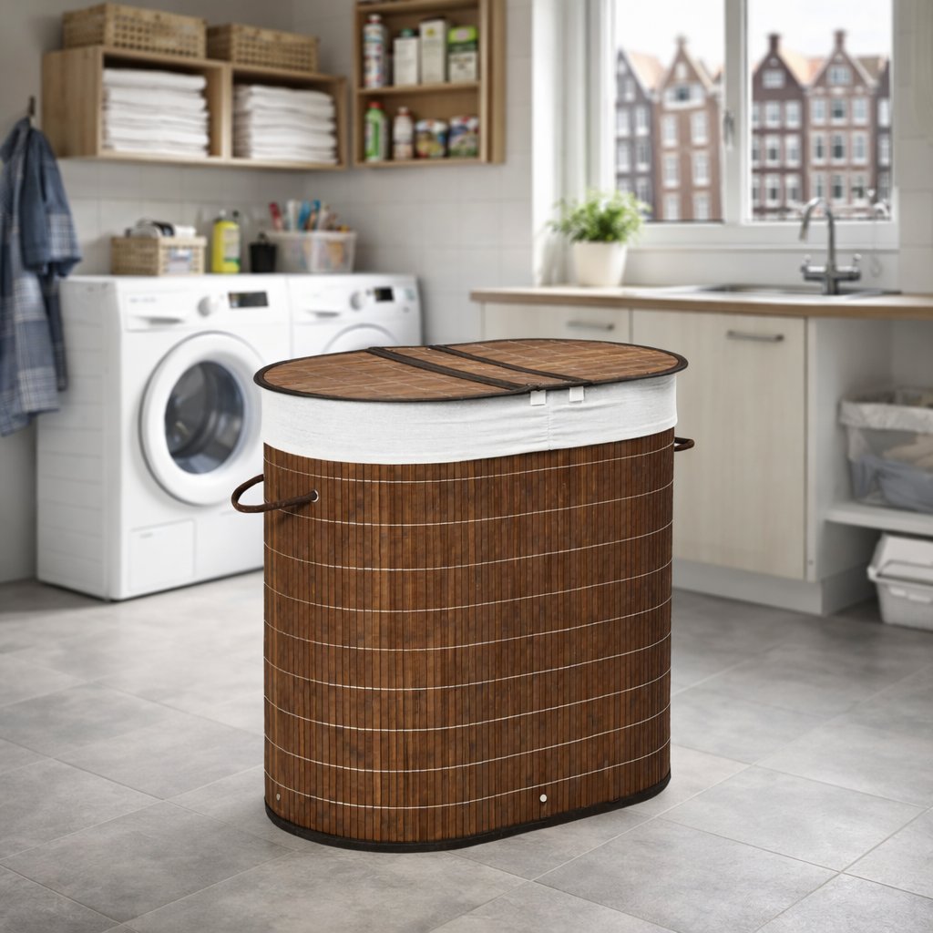 Bamboe Wasmand met Deksel – 100L, 2 Compartimenten